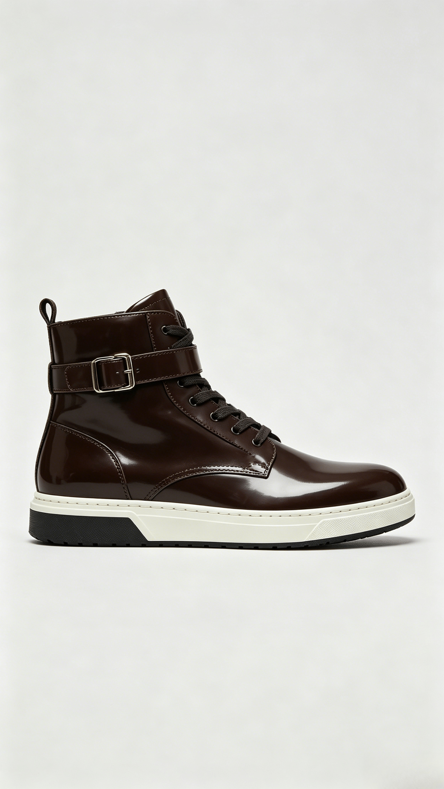 Glossy Brown Leather High-Top Shoes with Buckle Detail