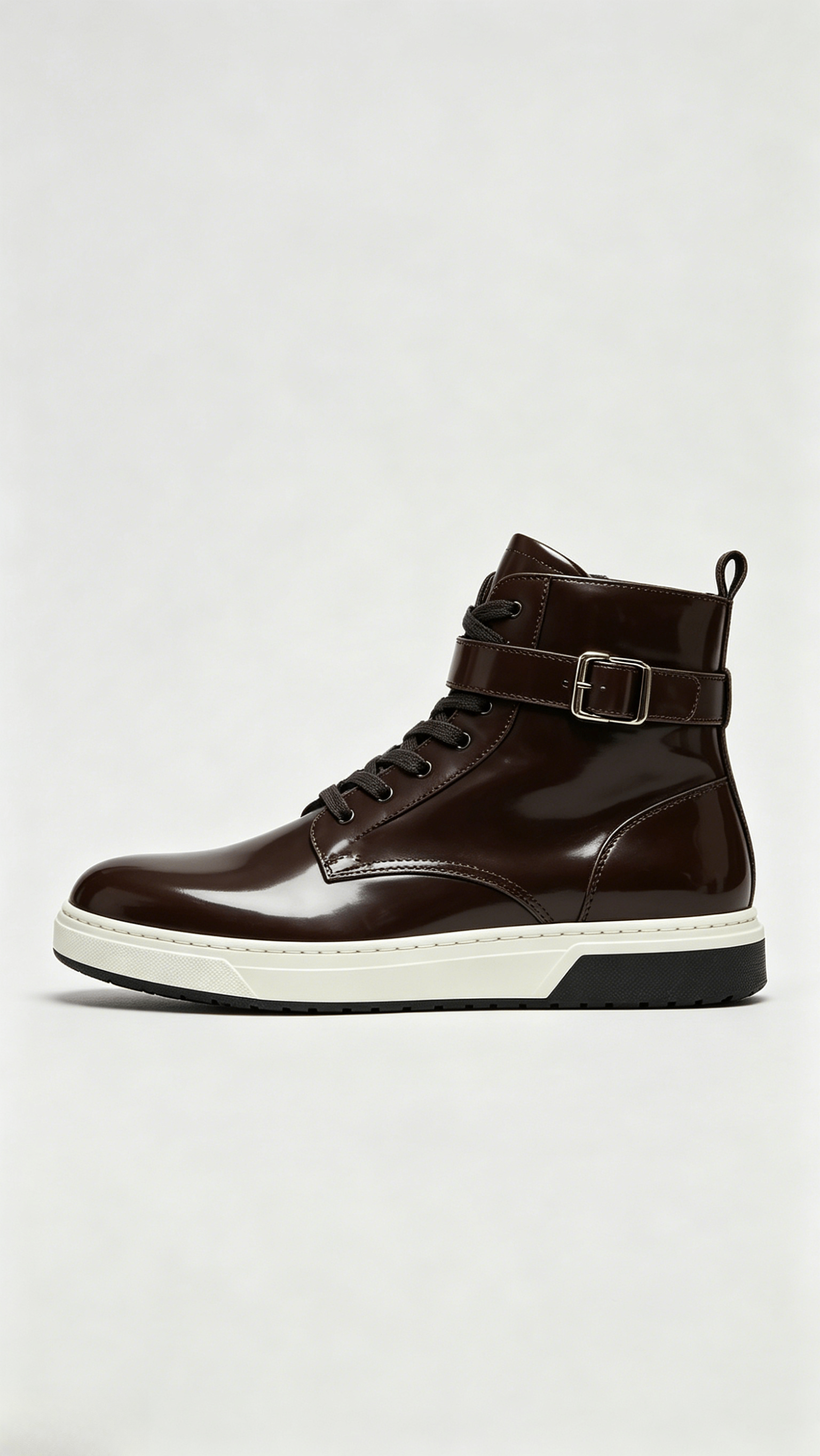 Glossy Brown Leather High-Top Shoes with Buckle Detail - Image 2