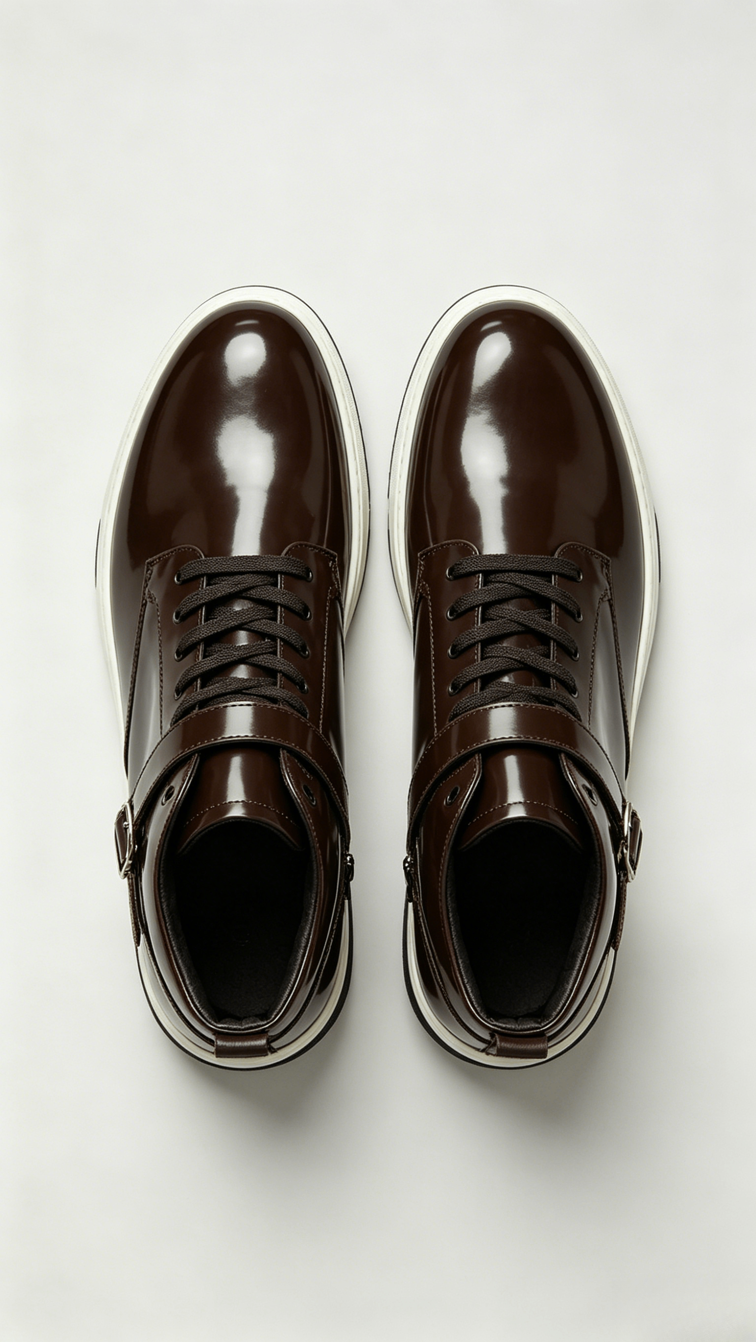 Glossy Brown Leather High-Top Shoes with Buckle Detail - Image 3