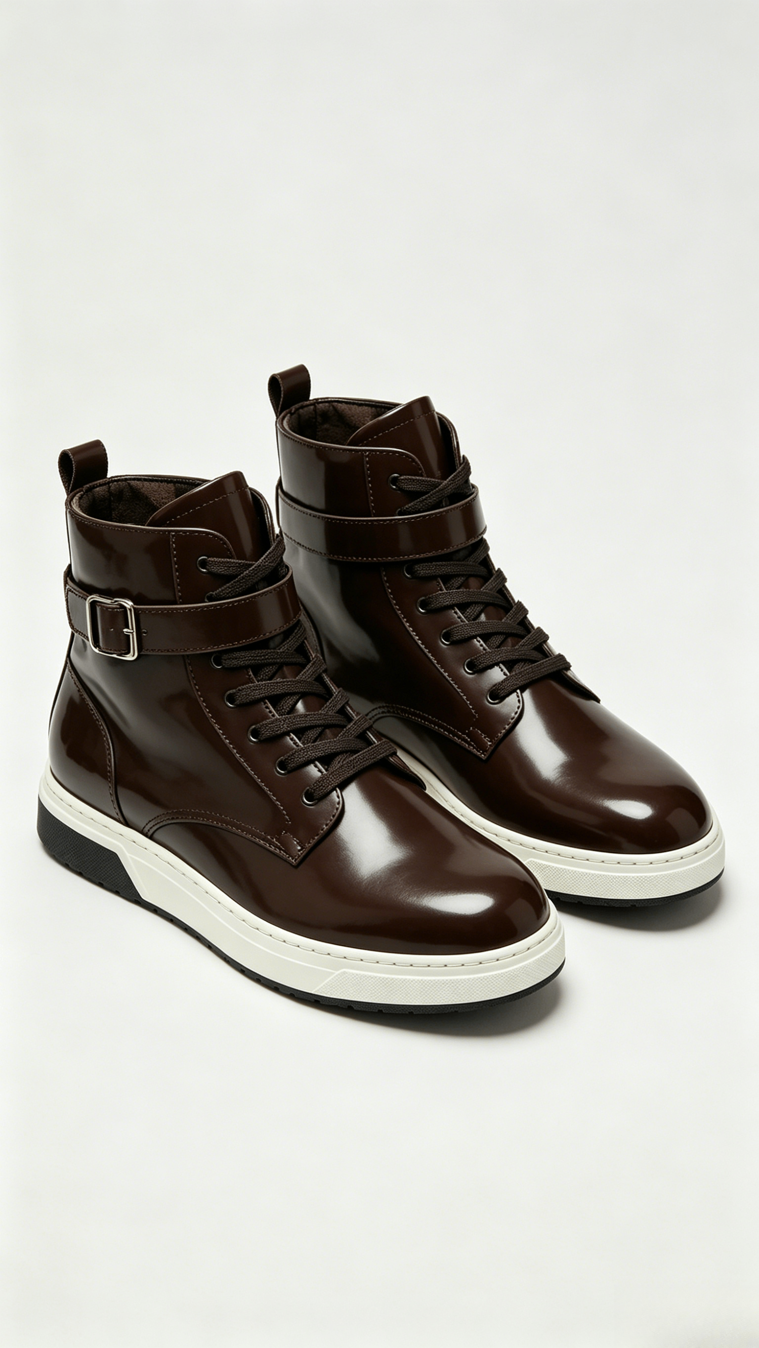 Glossy Brown Leather High-Top Shoes with Buckle Detail - Image 4