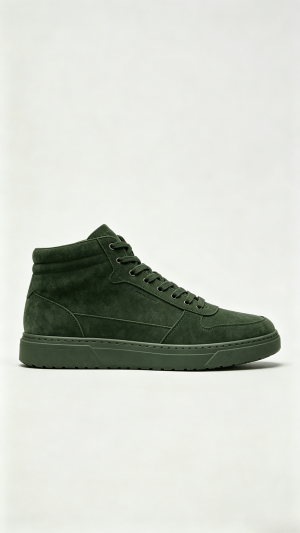 Monochromatic Dark Green Suede High-Top Shoes with Embossed Logo