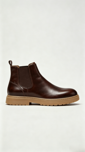 Brown Leather Chelsea High-Top Shoes with Elastic Side Panels