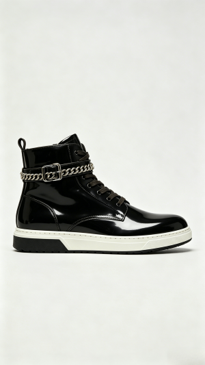 Glossy Black Leather High-Top Shoes with Chain and Buckle Detail