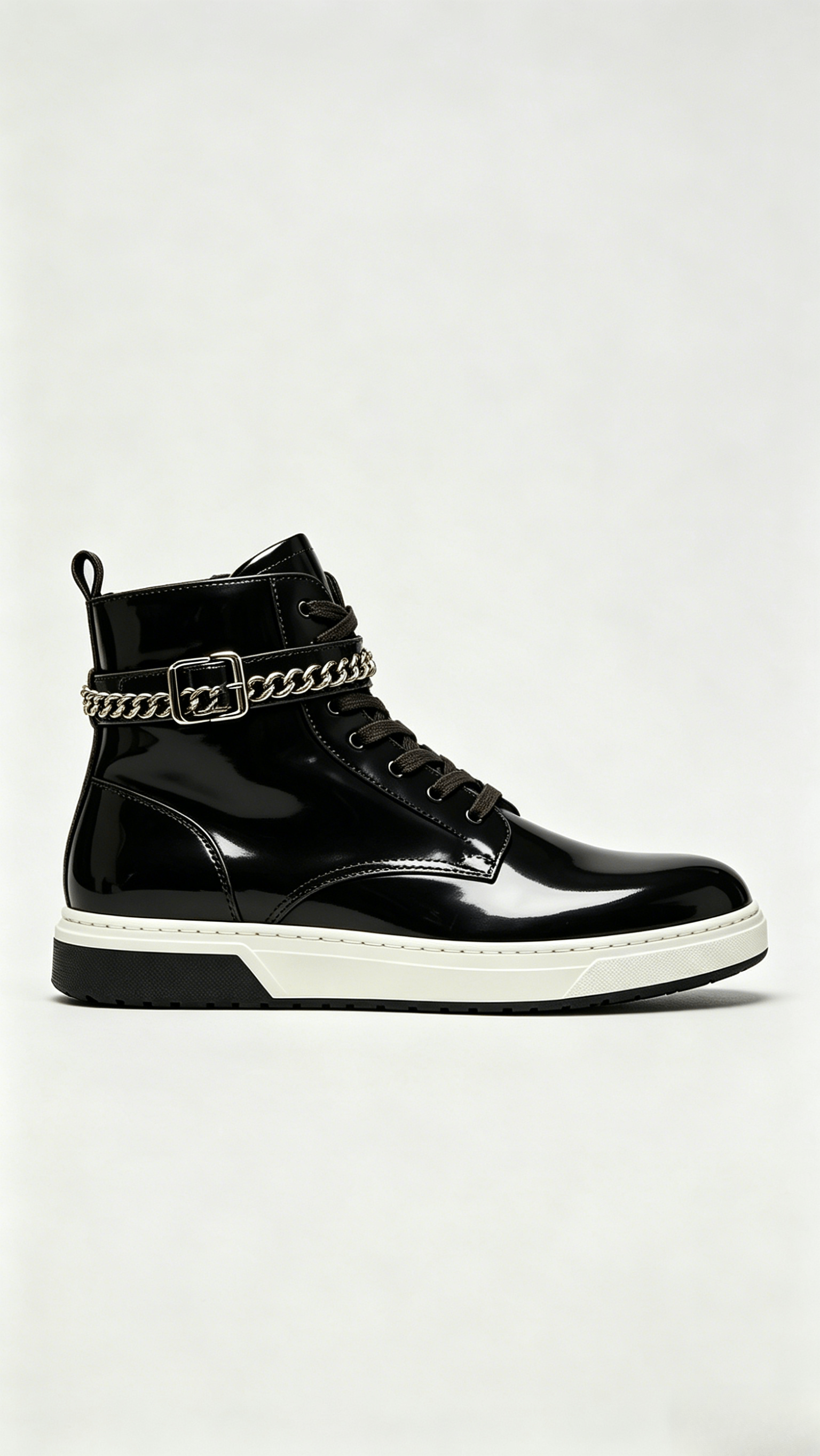 Glossy Black Leather High-Top Shoes with Chain and Buckle Detail