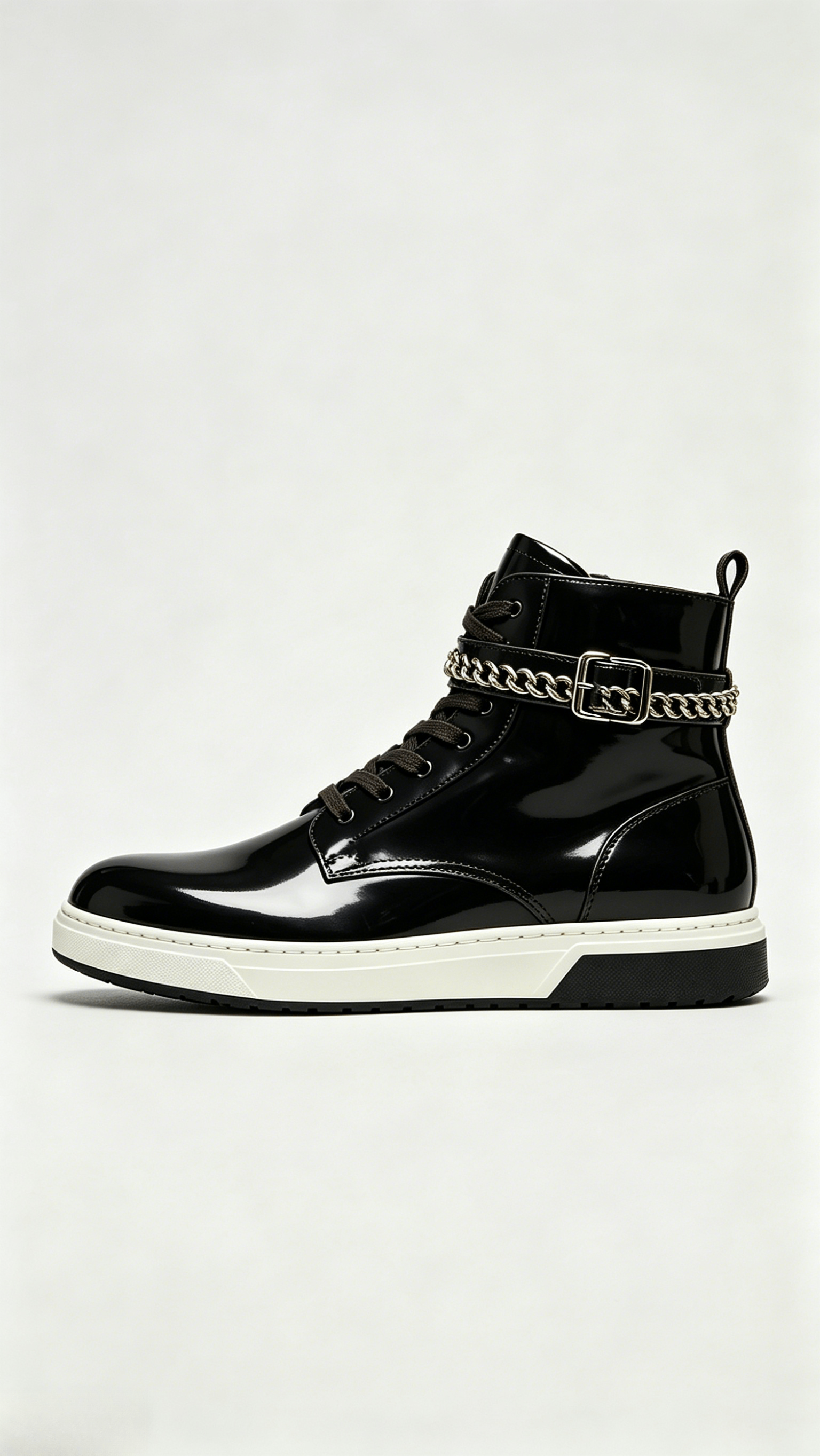 Glossy Black Leather High-Top Shoes with Chain and Buckle Detail - Image 2