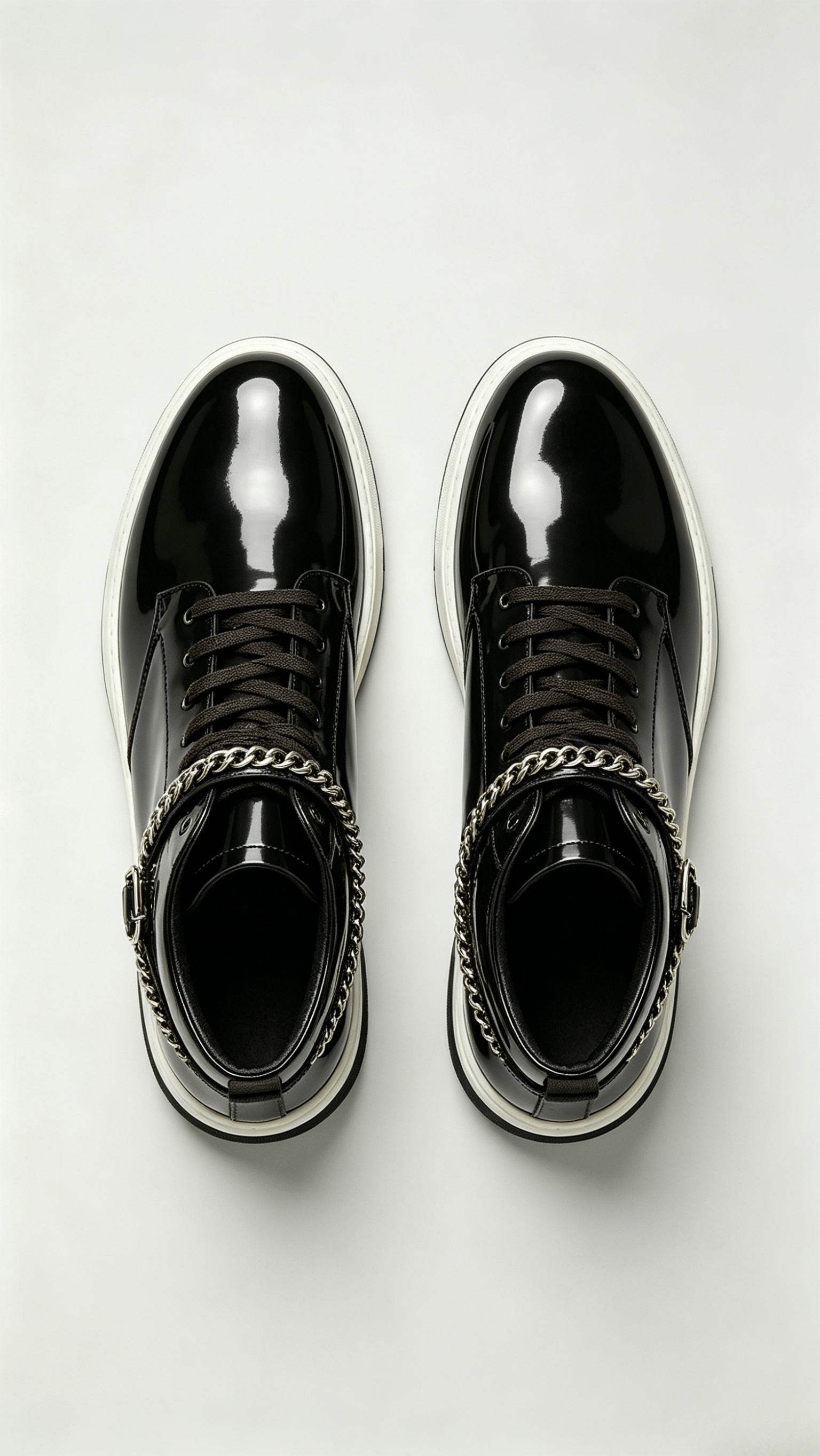 Glossy Black Leather High-Top Shoes with Chain and Buckle Detail - Image 3