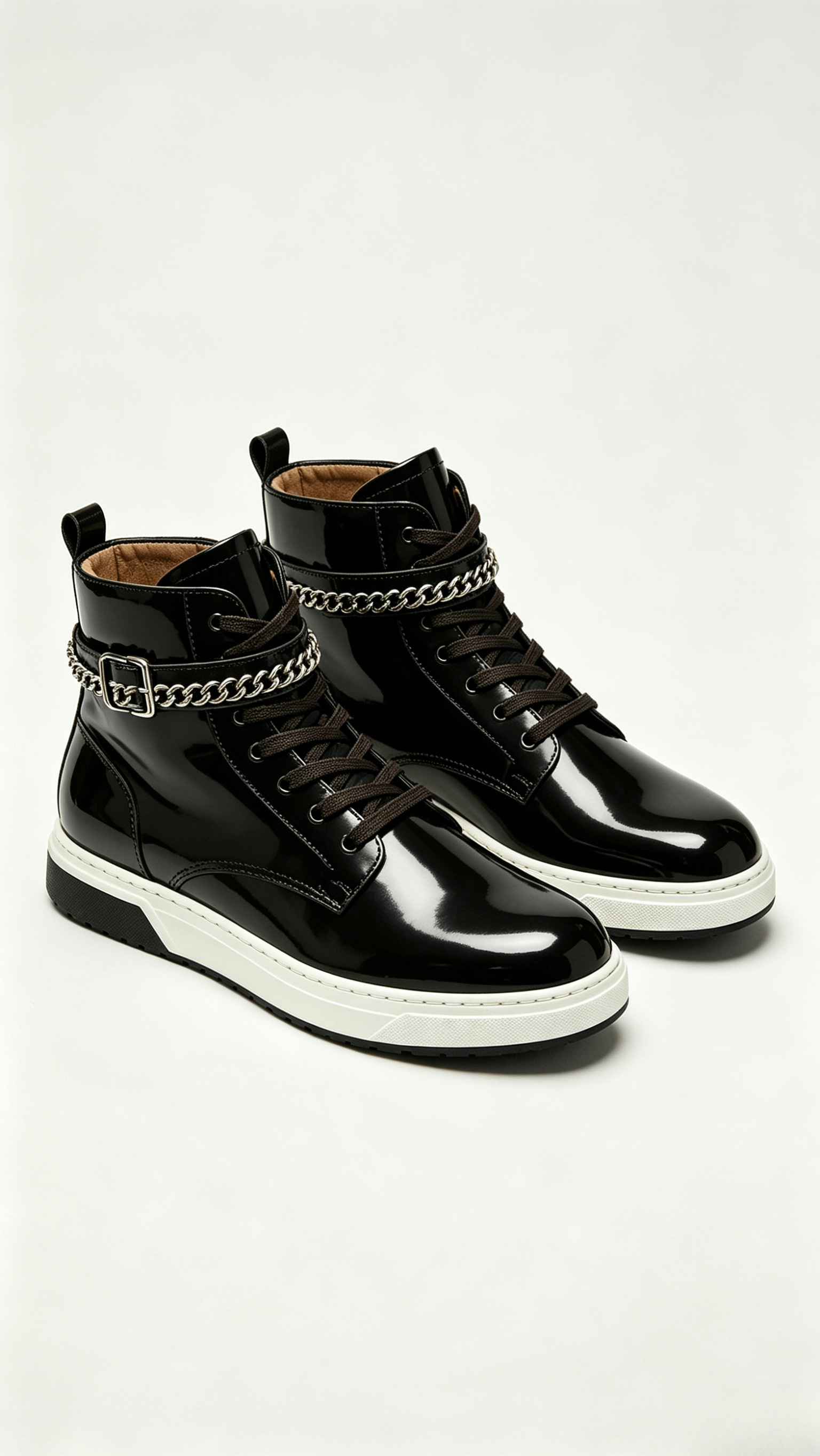 Glossy Black Leather High-Top Shoes with Chain and Buckle Detail - Image 4