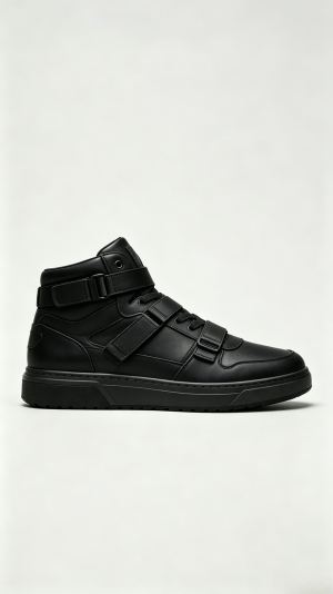 All-Black Leather Strap High-Top Sneakers