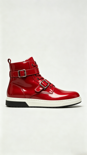Glossy Red Leather High-Top Shoes with Dual Buckle Detail