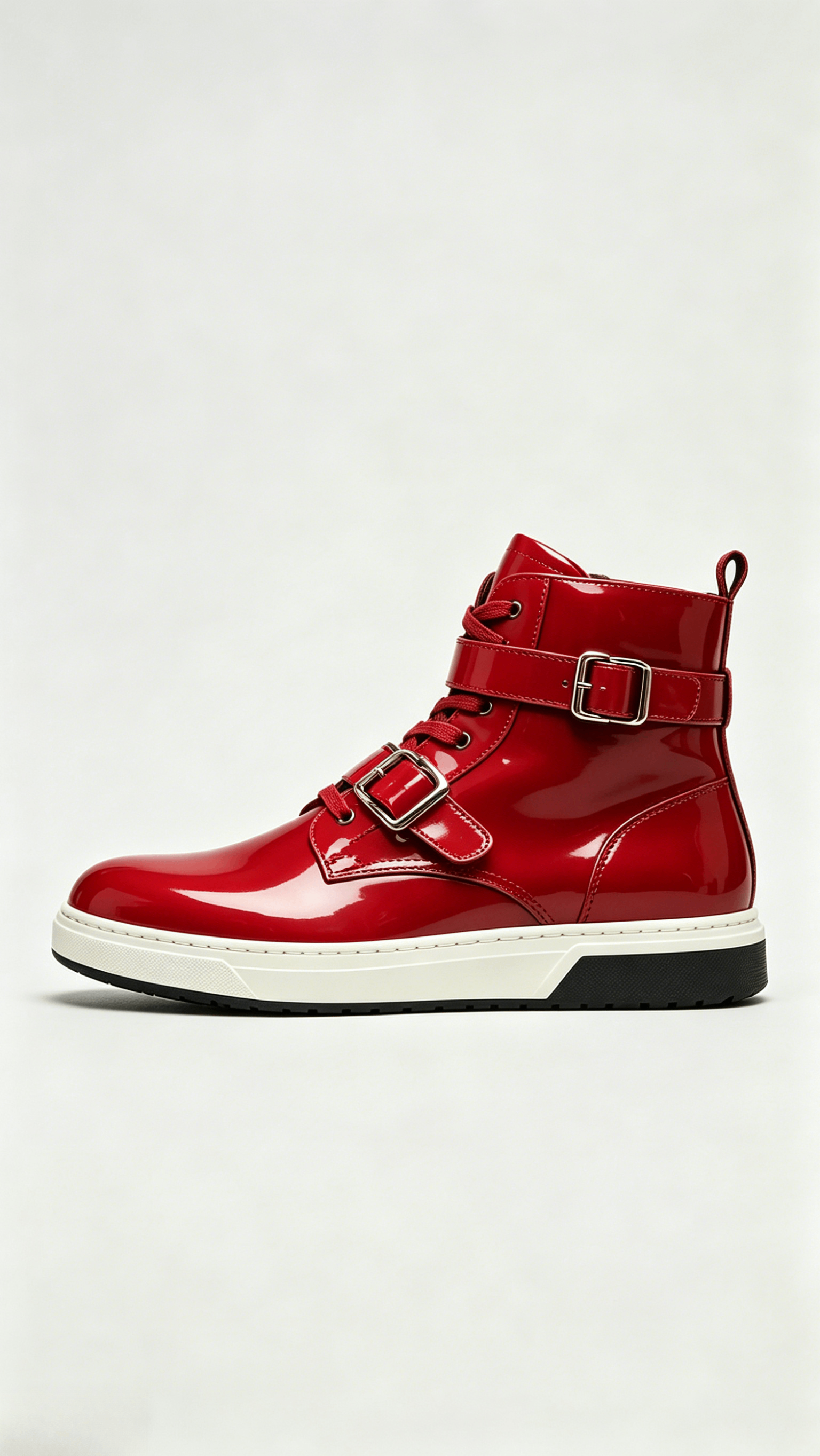 Glossy Red Leather High-Top Shoes with Dual Buckle Detail - Image 2