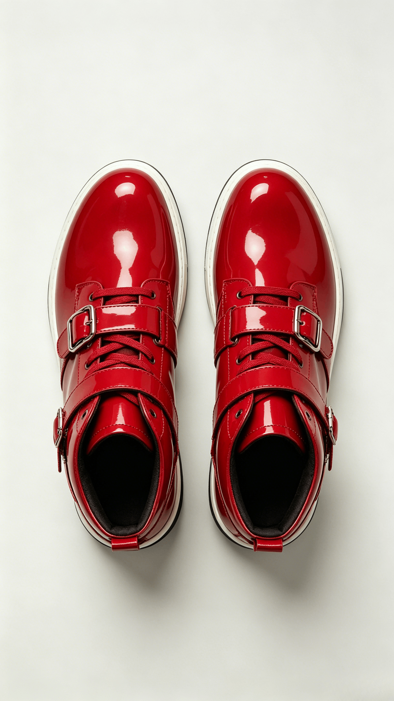 Glossy Red Leather High-Top Shoes with Dual Buckle Detail - Image 3