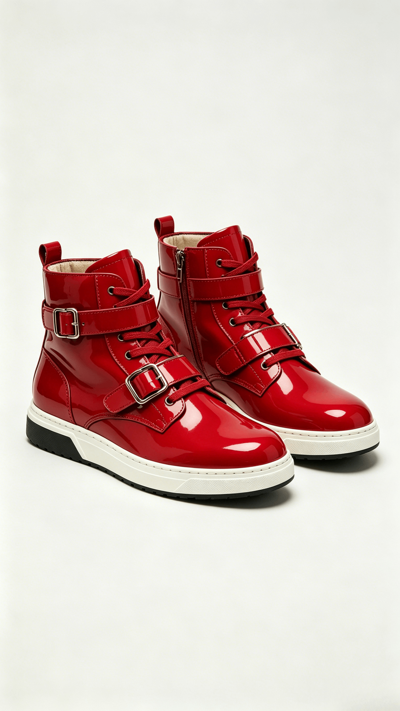Glossy Red Leather High-Top Shoes with Dual Buckle Detail - Image 4