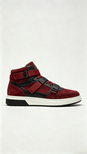 Red Suede and Black Leather Strap High-Top Sneakers