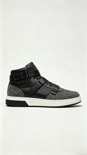 Grey Suede and Black Leather Strap High-Top Sneakers