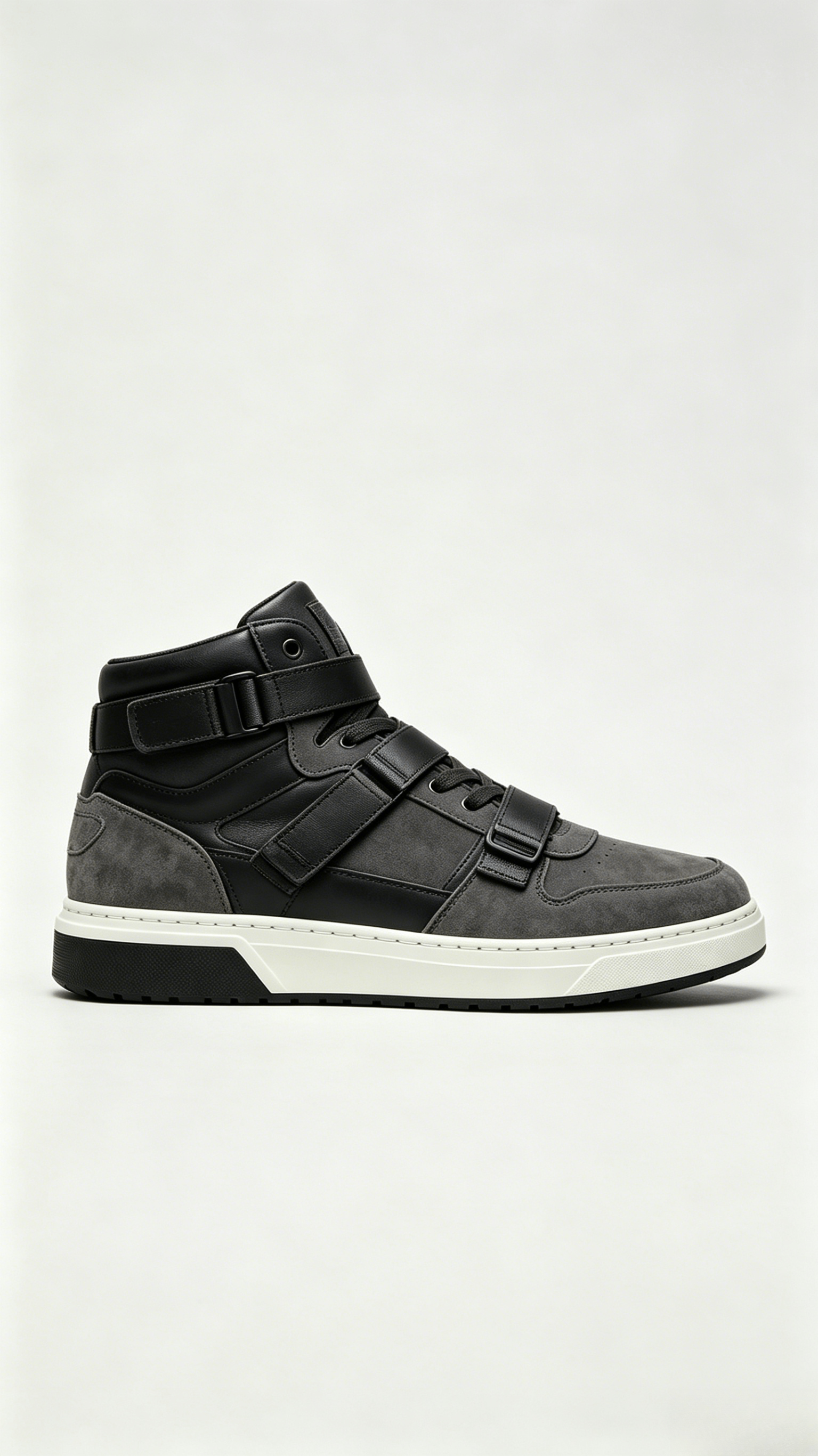 Grey Suede and Black Leather Strap High-Top Sneakers