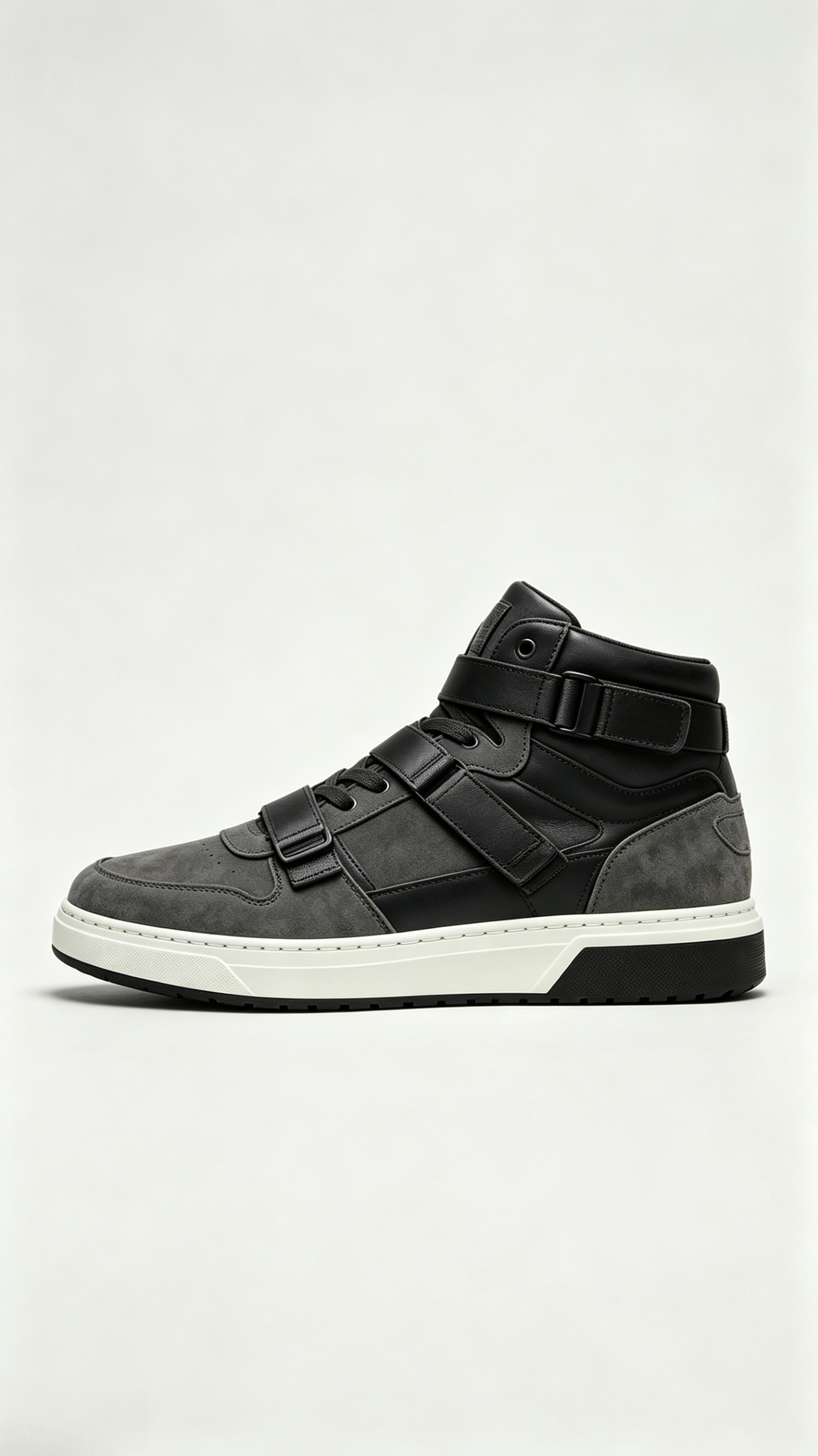 Grey Suede and Black Leather Strap High-Top Sneakers - Image 2