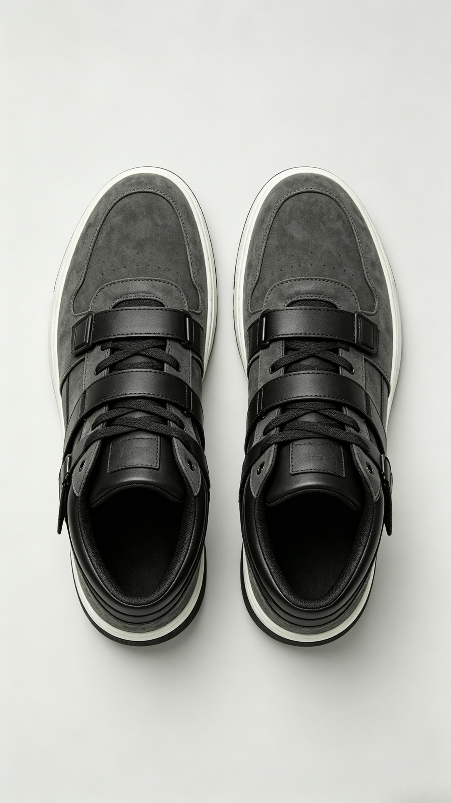 Grey Suede and Black Leather Strap High-Top Sneakers - Image 3