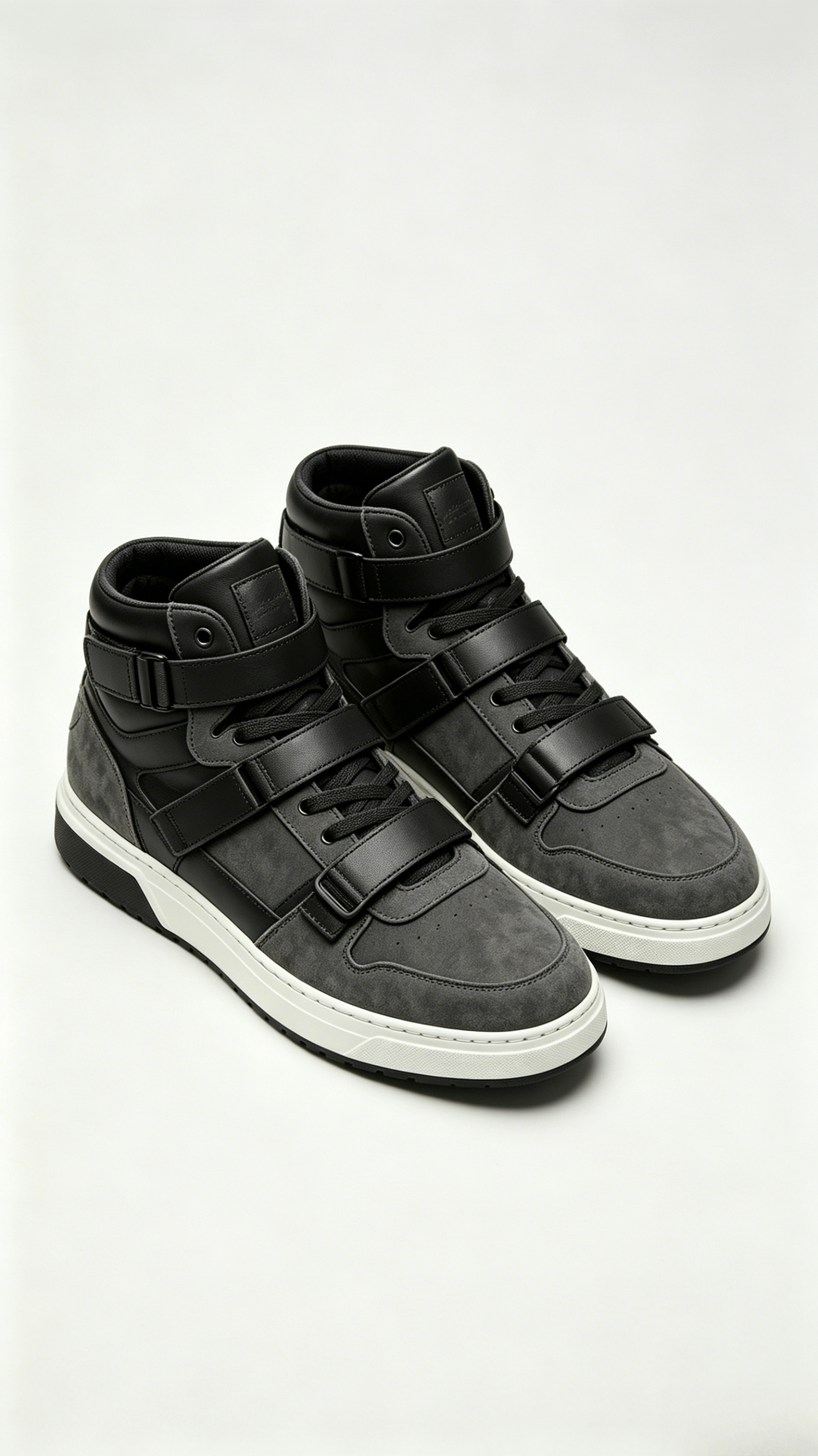 Grey Suede and Black Leather Strap High-Top Sneakers - Image 4