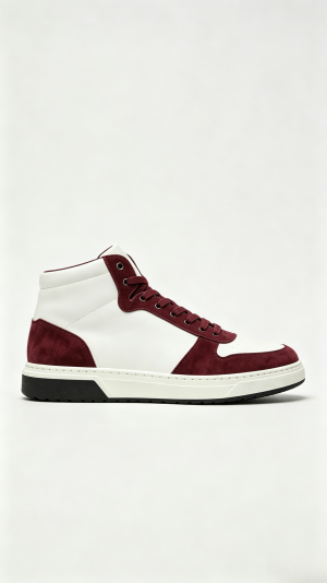 White and Burgundy Mixed Media High-Top Sneakers