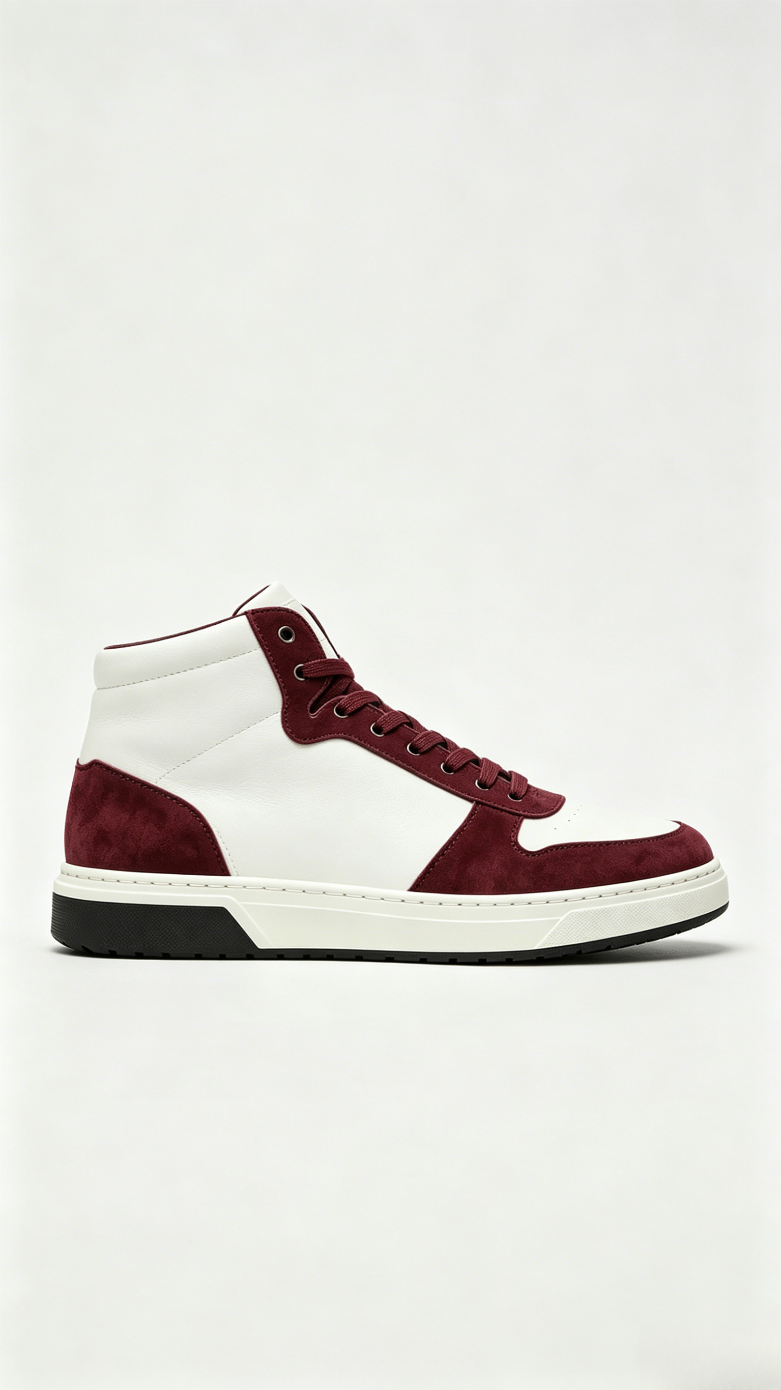 White and Burgundy Mixed Media High-Top Sneakers