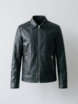 Black Classic Pointed Collar Zip Leather Jacket