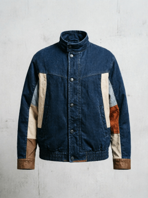 Denim Patchwork Bomber Jacket with Suede Accents
