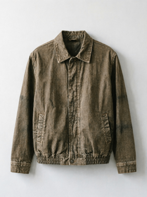Distressed Brown Washed Denim Bomber Jacket