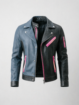 Two-Tone Black & Blue Leather Biker Jacket with Pink Accents