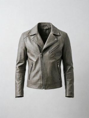 Weathered Olive Gray Biker Leather Jacket