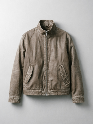 Vintage Washed Taupe Stand Collar Bomber Jacket
