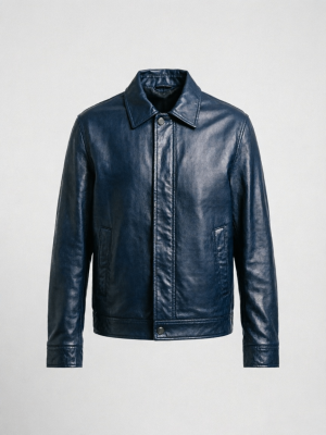 Navy Blue Buttoned Leather Coach Jacket