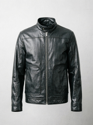 Black Stand Collar Zip-Up Leather Jacket
