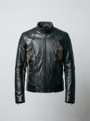 Black Leather Jacket with Shearling Patch Panels