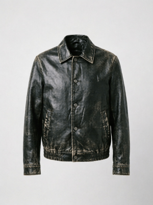 Vintage Washed Black Distressed Leather Bomber Jacket