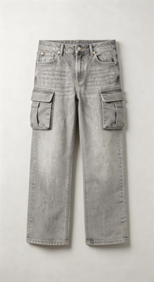 Gray Washed Cargo Denim Jeans