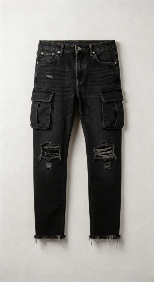 Black Distressed Cargo Denim Jeans