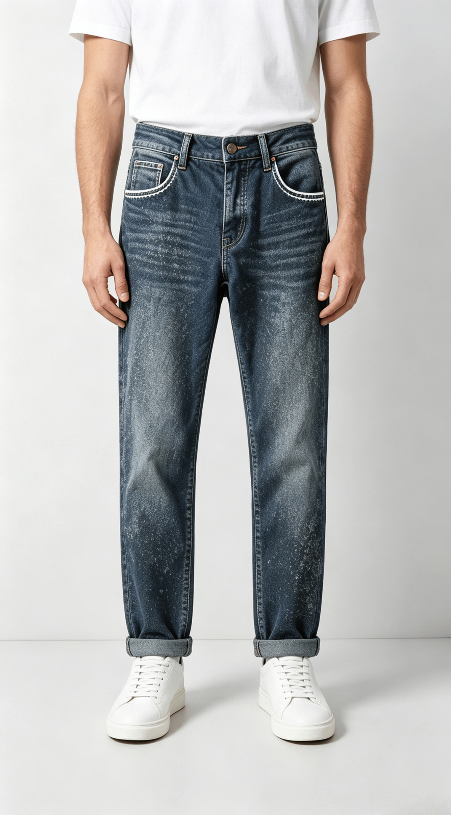 Slim Fit Washed Denim Jeans with Cuffed Hem - Image 3