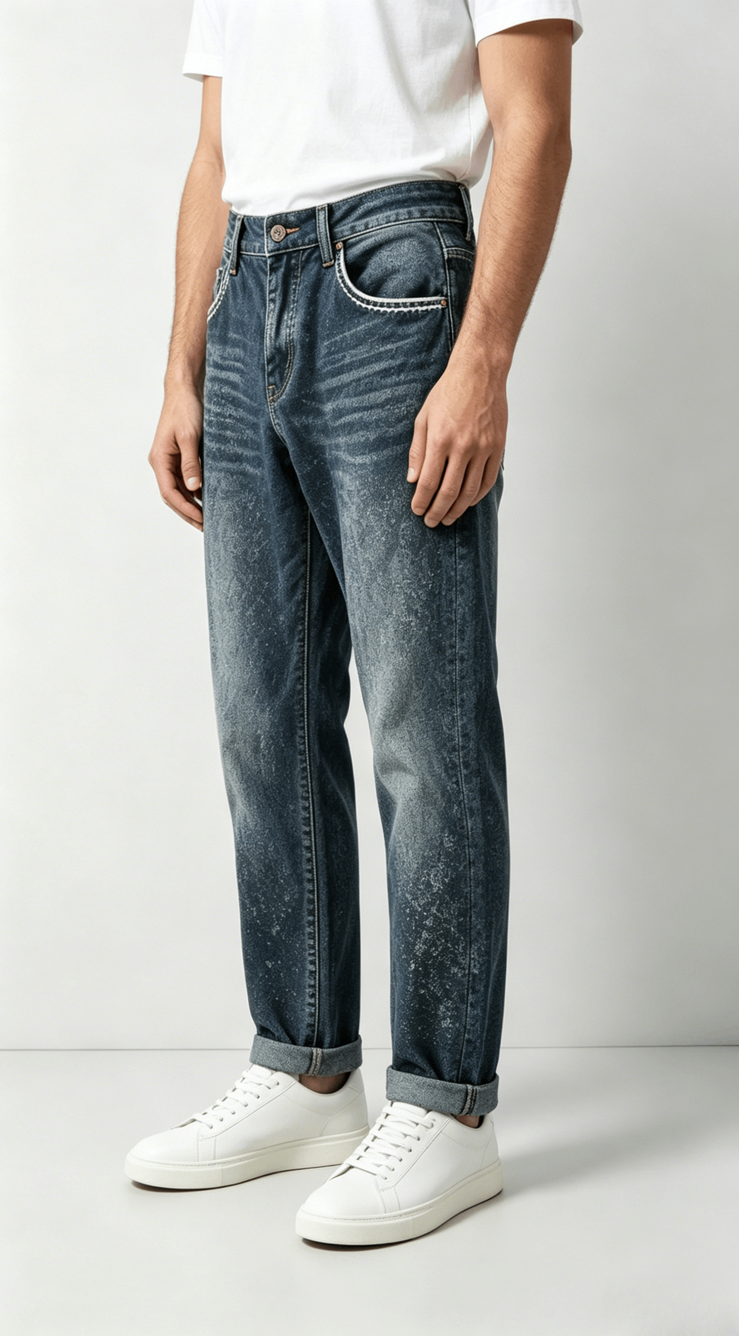 Slim Fit Washed Denim Jeans with Cuffed Hem - Image 4