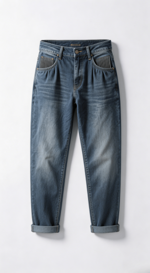 Relaxed Fit Washed Denim Jeans with Striped Pockets