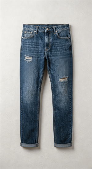 Blue Distressed Rolled Hem Denim Jeans