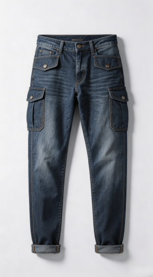 Multi-Pocket Rolled Cuff Denim Cargo Pants