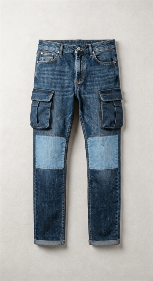 Two-Tone Patchwork Cargo Denim Pants