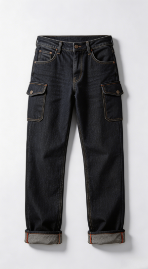 Raw Denim Rolled Cuff Cargo Pants