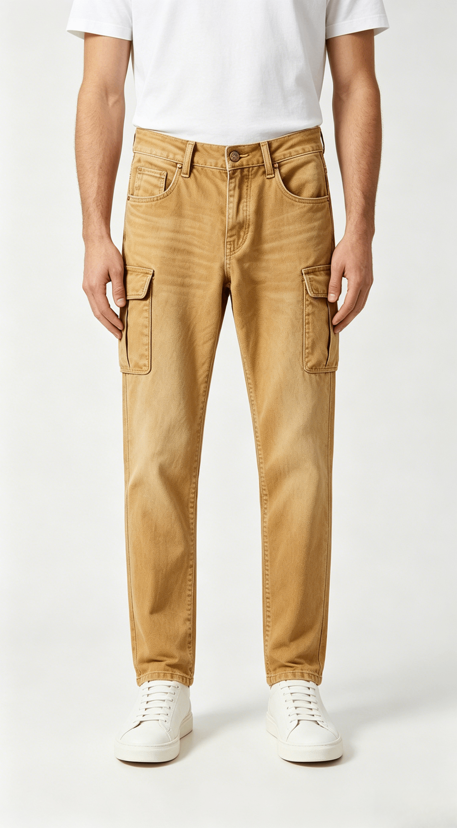 Light Tan Slim Straight Cargo Denim Pants - Image 3