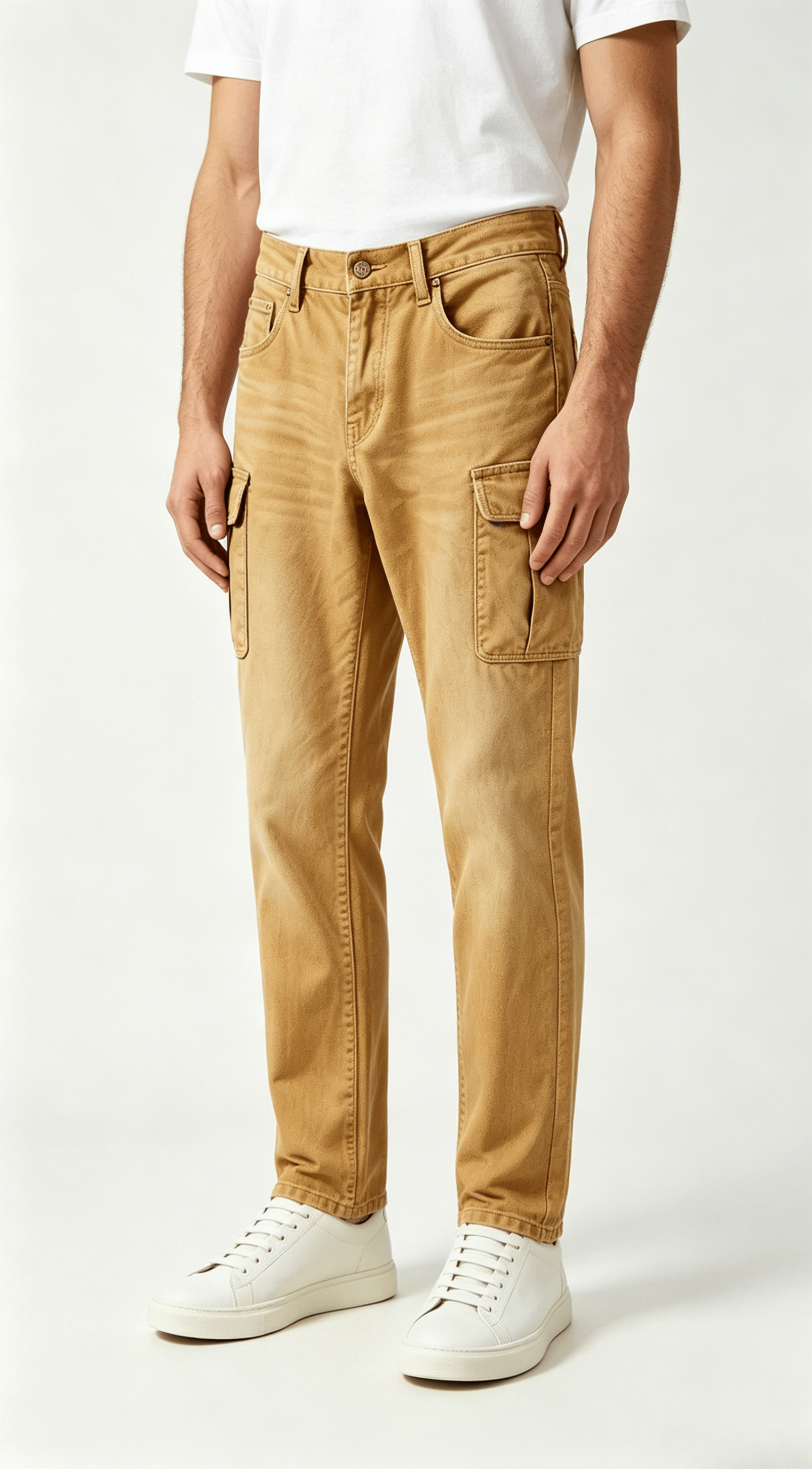Light Tan Slim Straight Cargo Denim Pants - Image 4