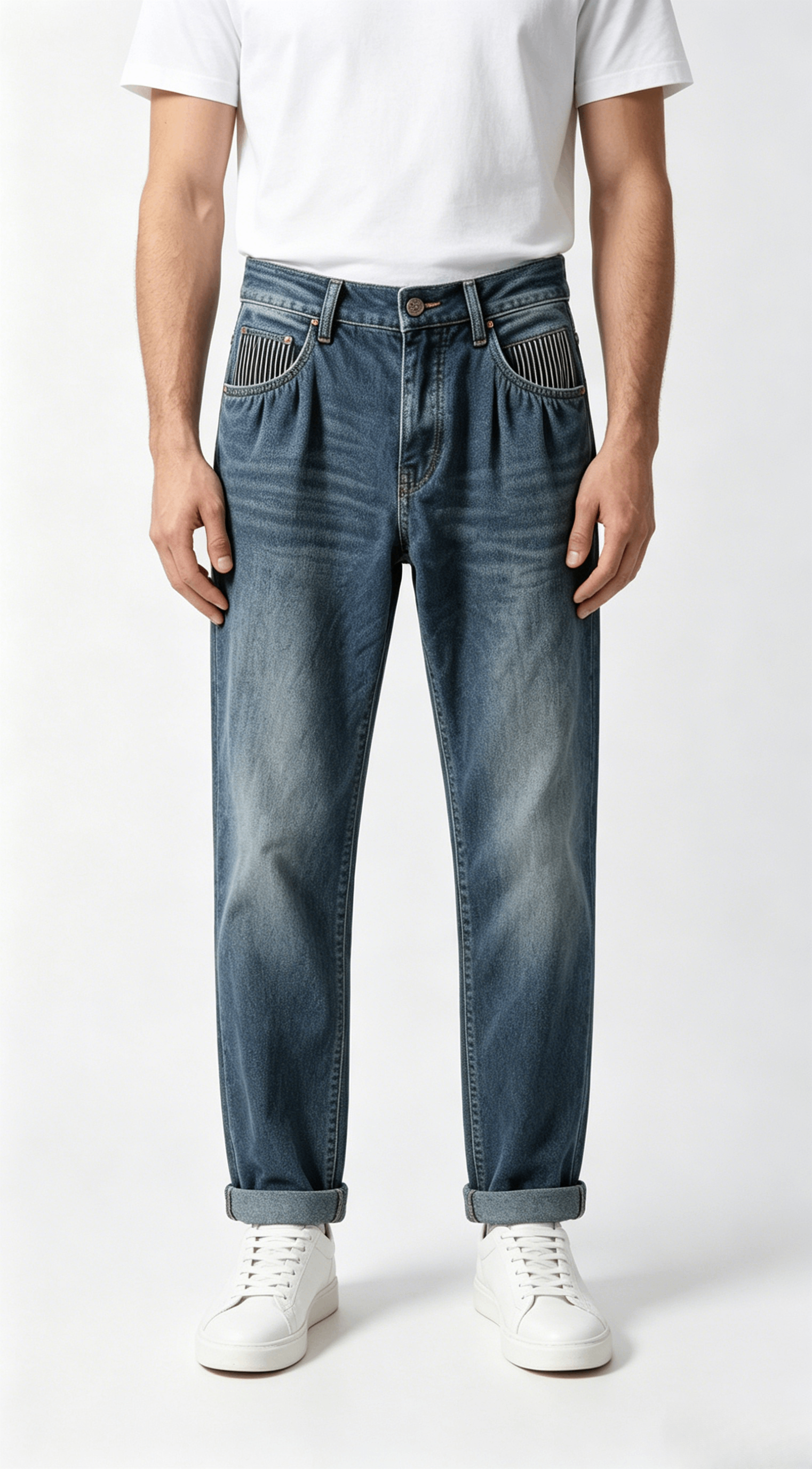 Relaxed Fit Washed Denim Jeans with Striped Pockets - Image 3