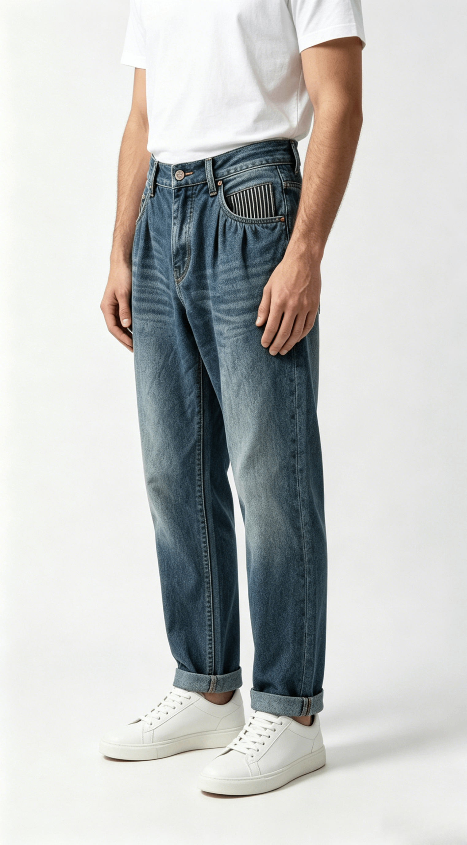 Relaxed Fit Washed Denim Jeans with Striped Pockets - Image 4