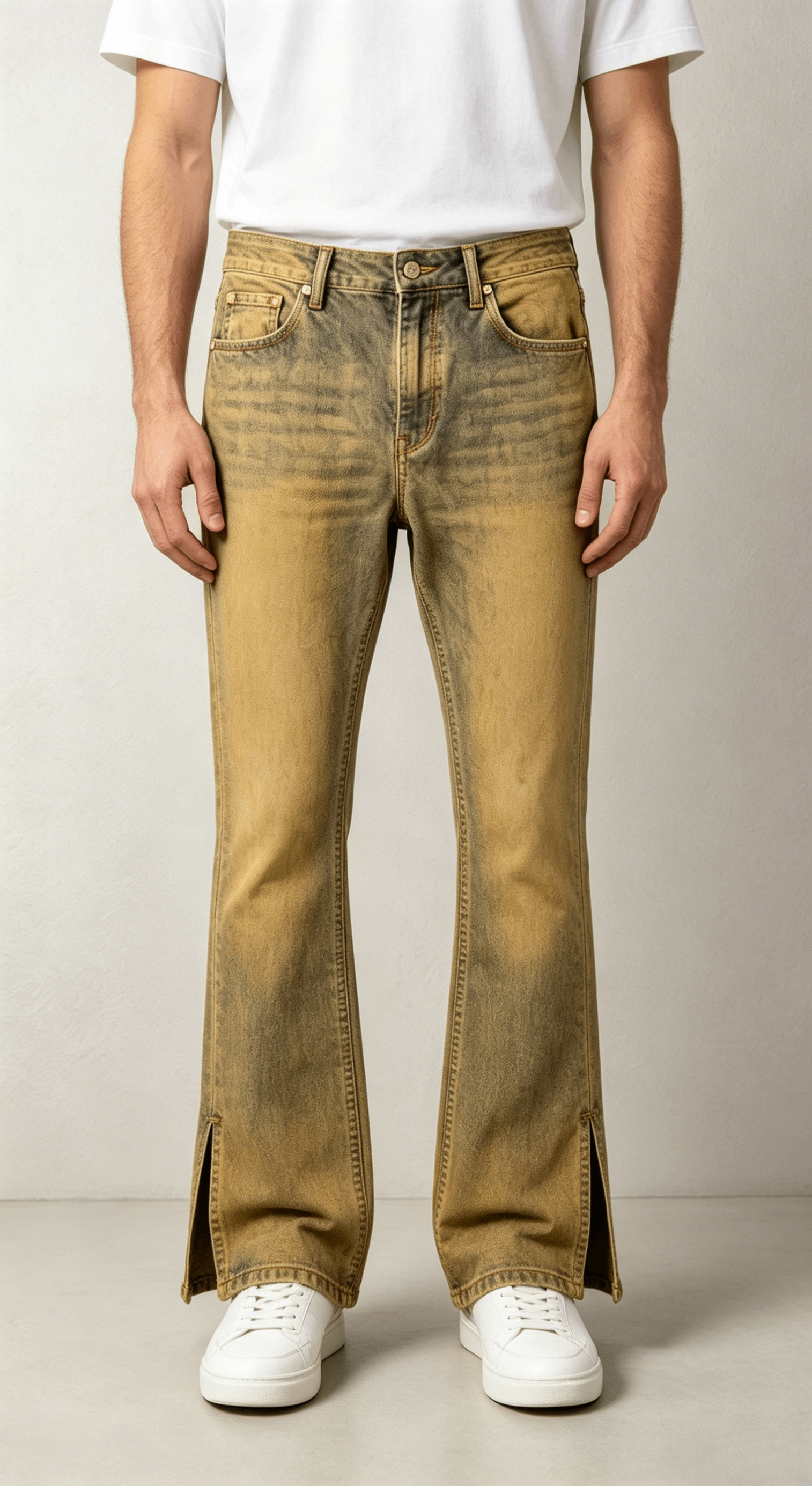 Yellowish Brown Split Hem Flare Denim Pants - Image 3