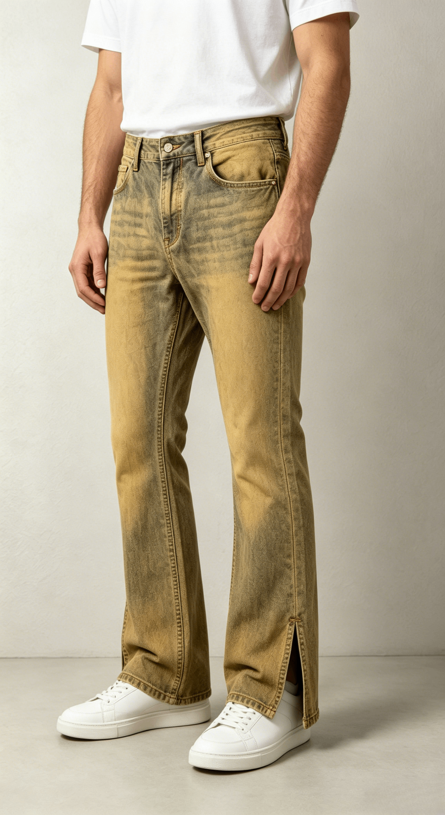 Yellowish Brown Split Hem Flare Denim Pants - Image 4