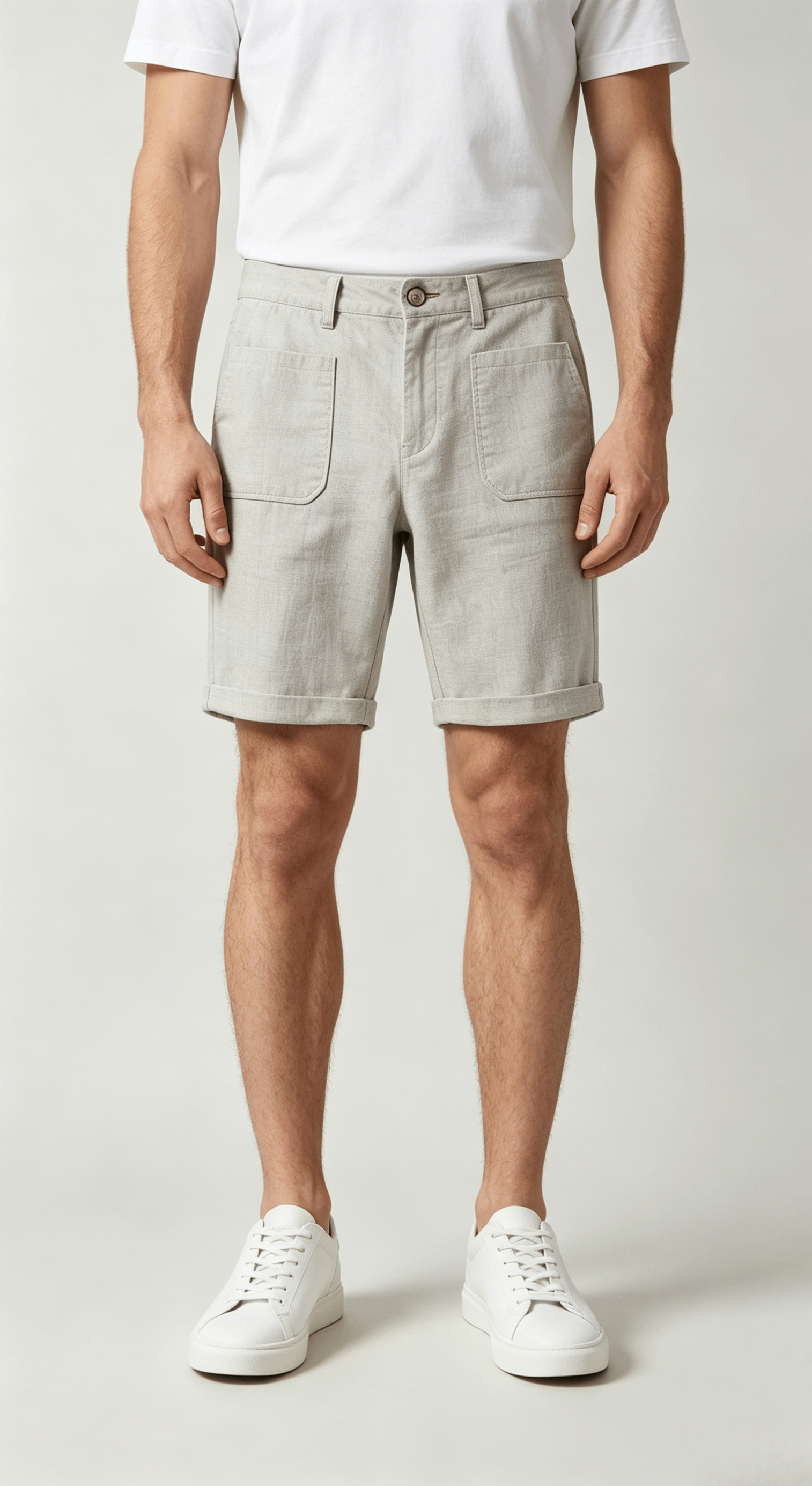 Light Beige Linen Blend Roll Hem Shorts - Image 3